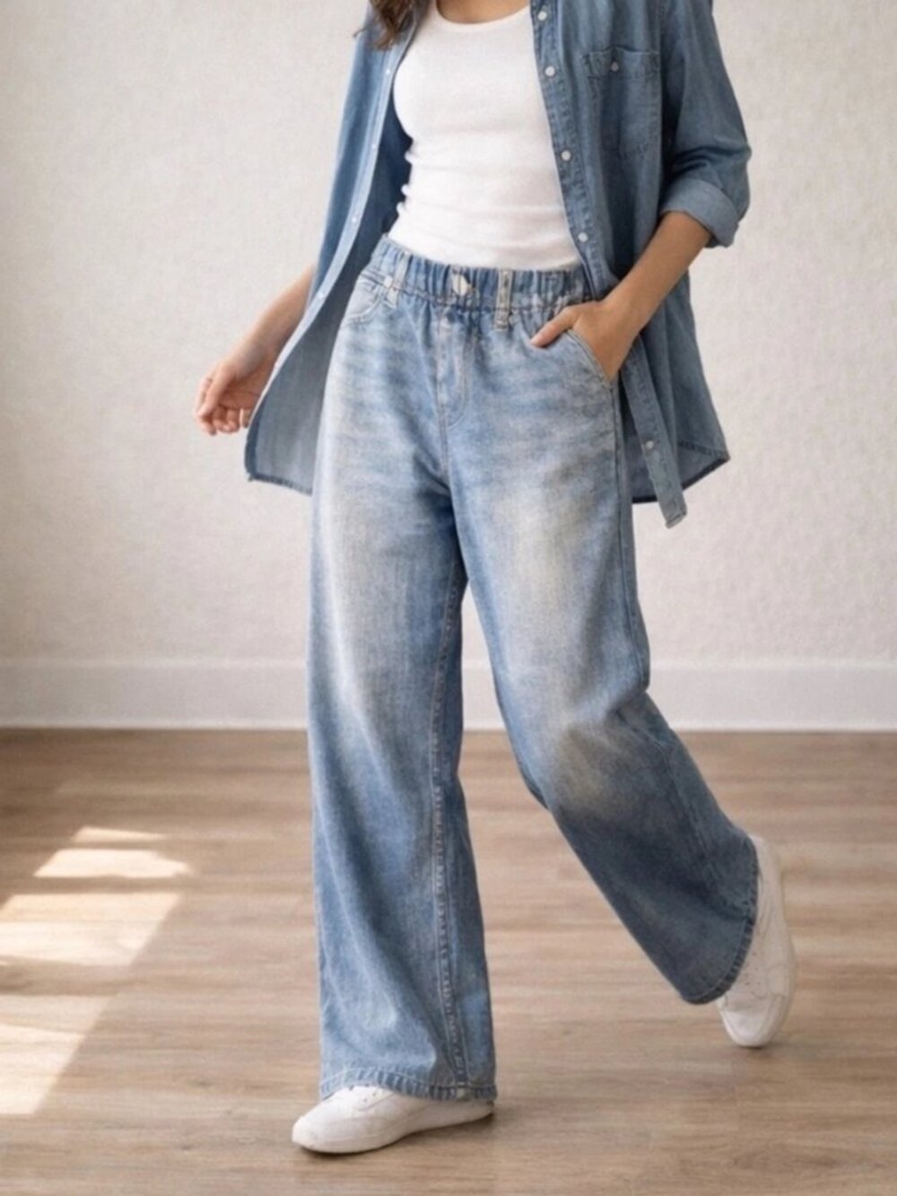 NWT Mila Rosabella Wide Leg Sweatpant Jeans Sz L Denim Print Stretch Blue Comfy